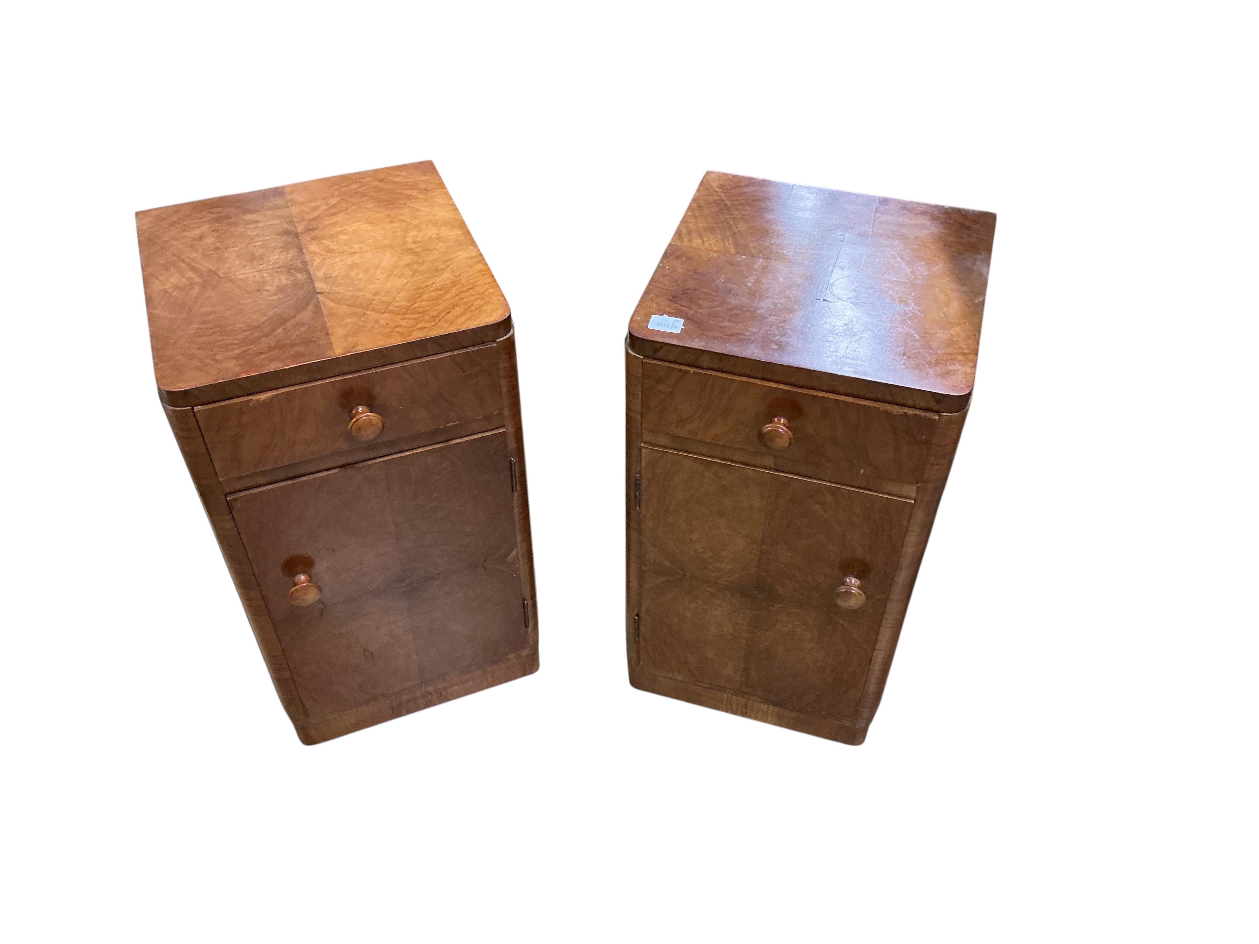 A pair of Art Deco walnut bedside cabinets width 33cm, depth 33cm, height 60cm